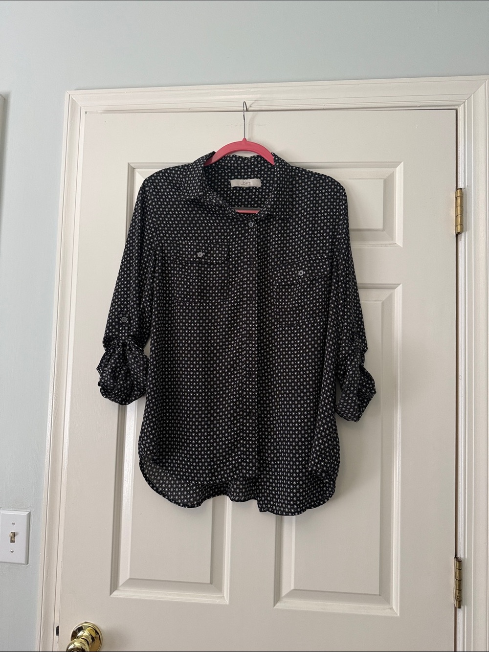 LOFT Black Button-Down Blouse with White Dot Print